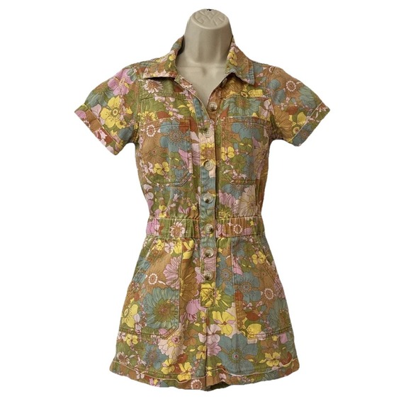 Show Me Your MuMu XS Denim Floral Boho Cannon Romper Groovy Blooms Extra Small - Picture 7 of 13